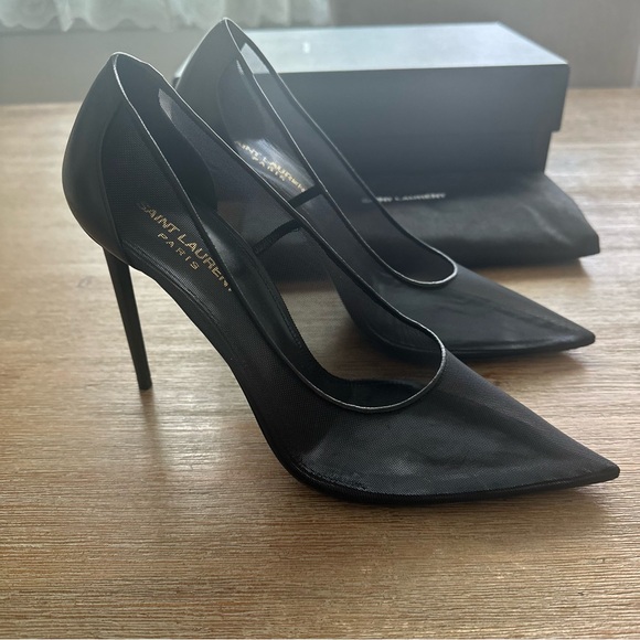 Saint Laurent Black Anja Mesh Pointed Toe Pumps 40 - Picture 4 of 8